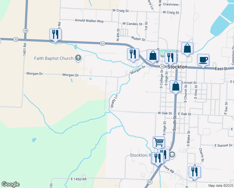 map of restaurants, bars, coffee shops, grocery stores, and more near Shady Lane in Stockton