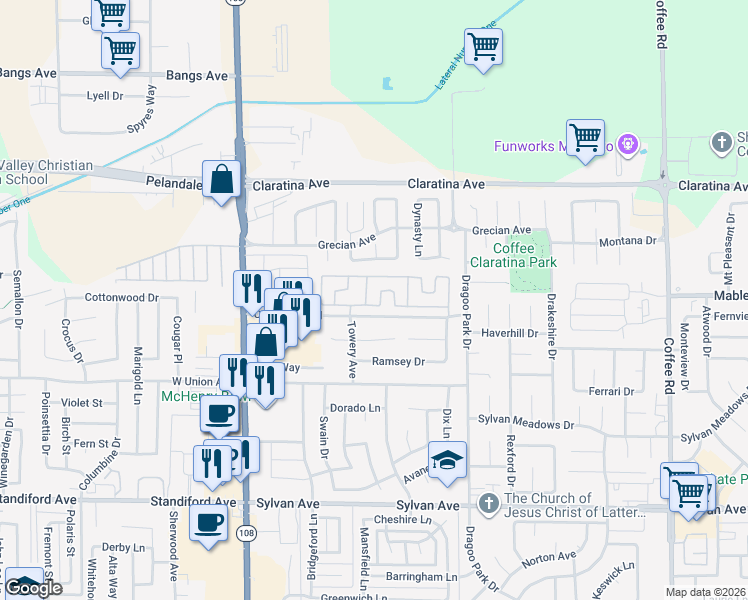 map of restaurants, bars, coffee shops, grocery stores, and more near 191 Schooner Lane in Modesto