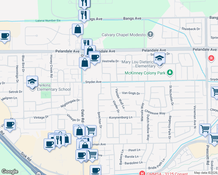 map of restaurants, bars, coffee shops, grocery stores, and more near 3920 Viader Drive in Modesto
