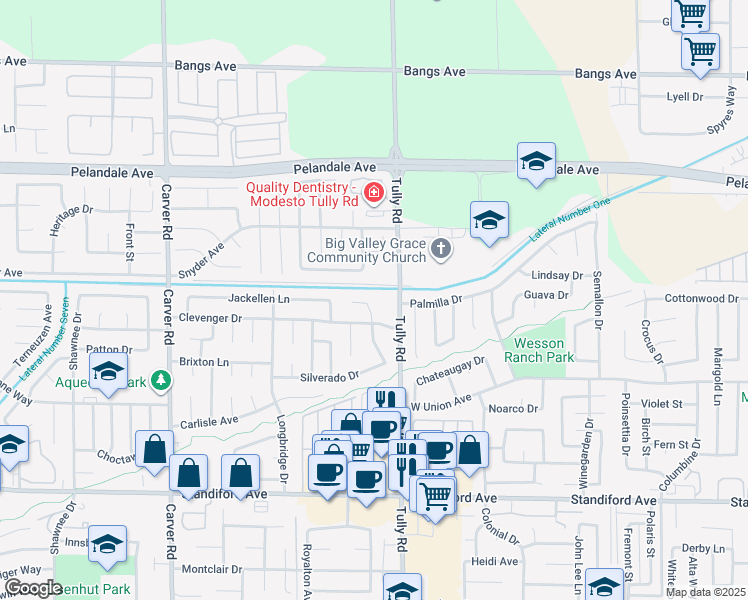 map of restaurants, bars, coffee shops, grocery stores, and more near 1300 Blakely Lane in Modesto