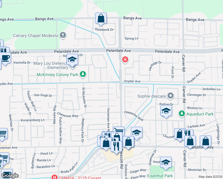 map of restaurants, bars, coffee shops, grocery stores, and more near 2201 Canadian Circle in Modesto