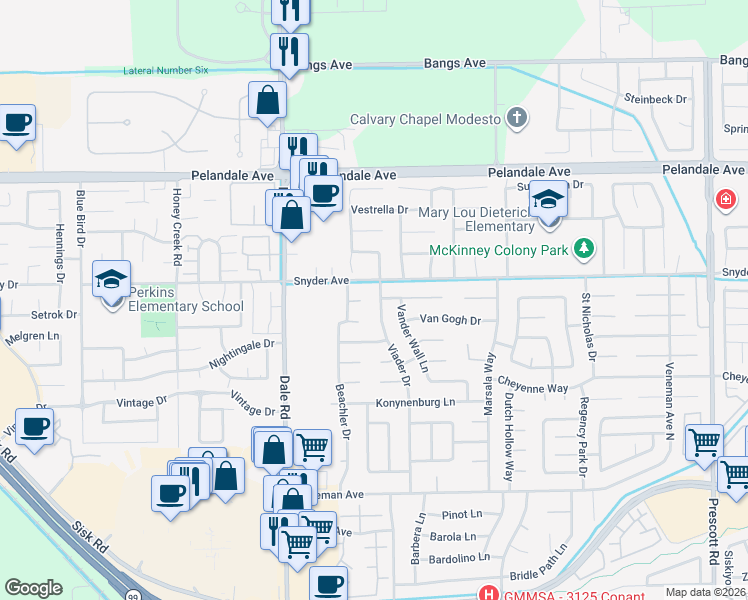 map of restaurants, bars, coffee shops, grocery stores, and more near 3920 Viader Drive in Modesto