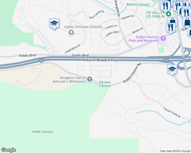 map of restaurants, bars, coffee shops, grocery stores, and more near 7860 Canyon Meadows Circle in Pleasanton