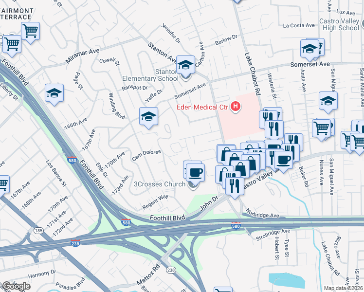 map of restaurants, bars, coffee shops, grocery stores, and more near 2410 Stanton Hill Road in Castro Valley