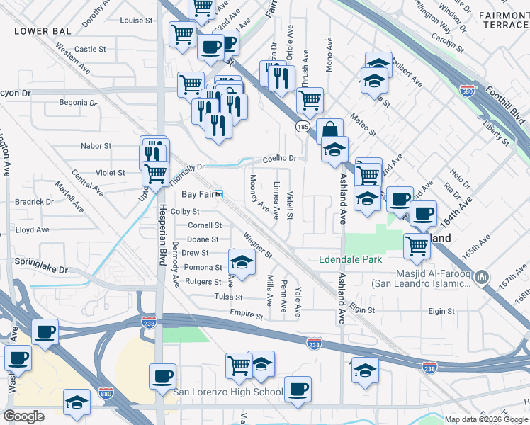 map of restaurants, bars, coffee shops, grocery stores, and more near 786 Mooney Avenue in San Lorenzo