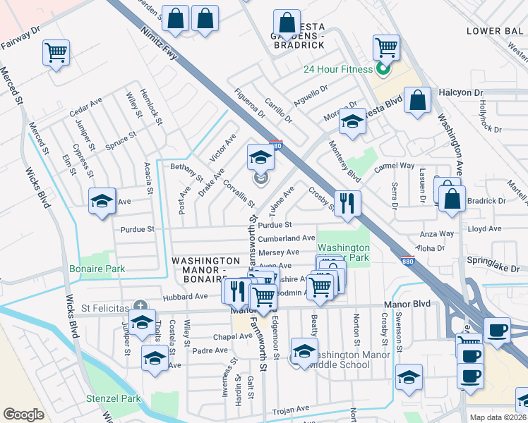 map of restaurants, bars, coffee shops, grocery stores, and more near 1141 Tulane Avenue in San Leandro