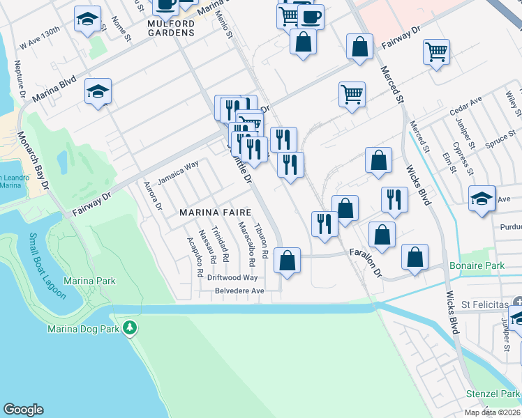 map of restaurants, bars, coffee shops, grocery stores, and more near 14129 Doolittle Drive in San Leandro