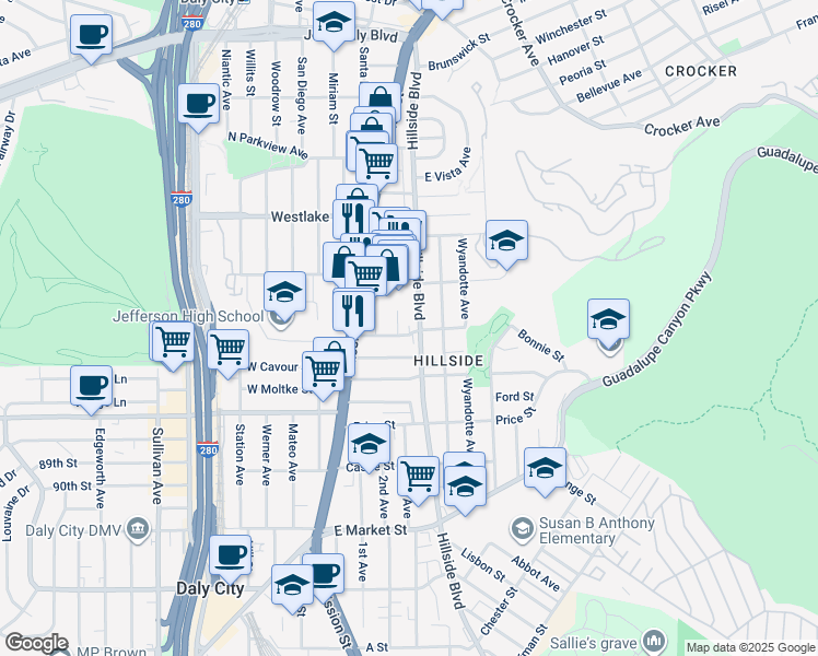 map of restaurants, bars, coffee shops, grocery stores, and more near 23 Paul Street in Daly City