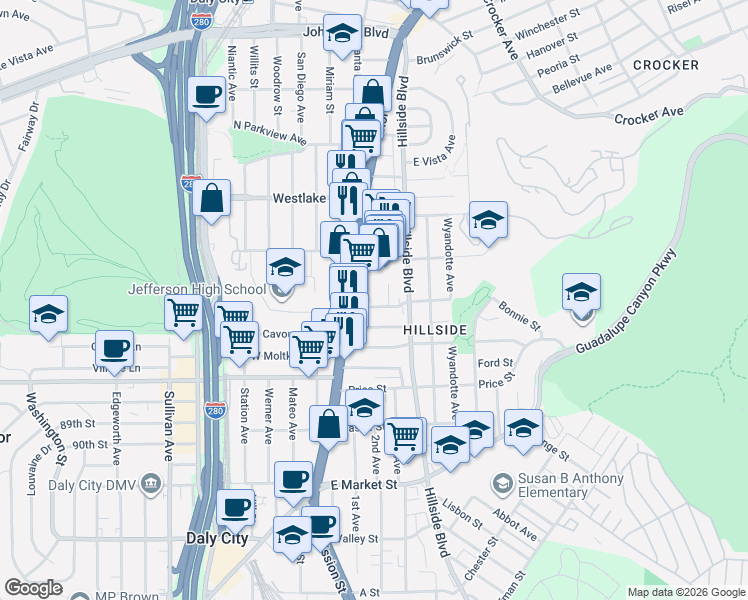 map of restaurants, bars, coffee shops, grocery stores, and more near 23 Paul Street in Daly City