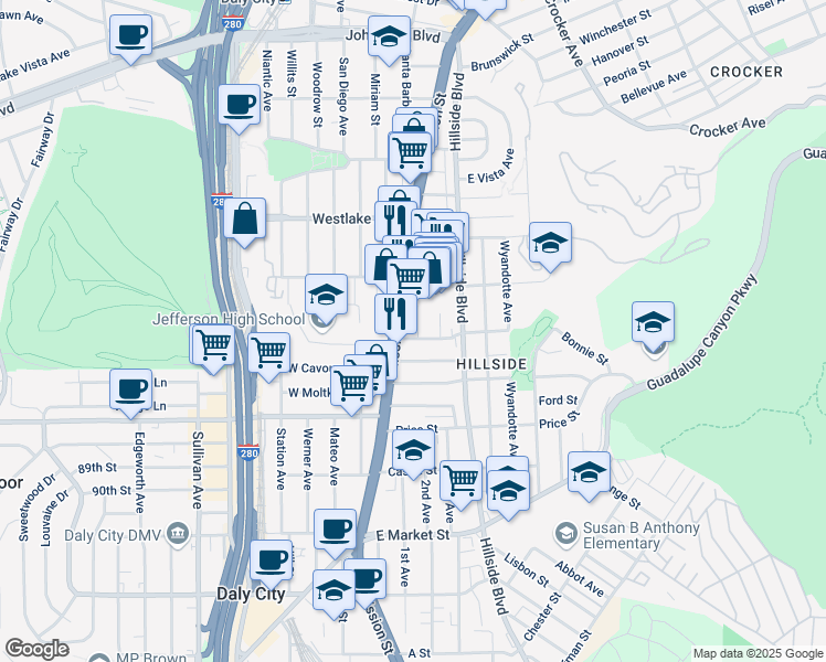 map of restaurants, bars, coffee shops, grocery stores, and more near in Daly City