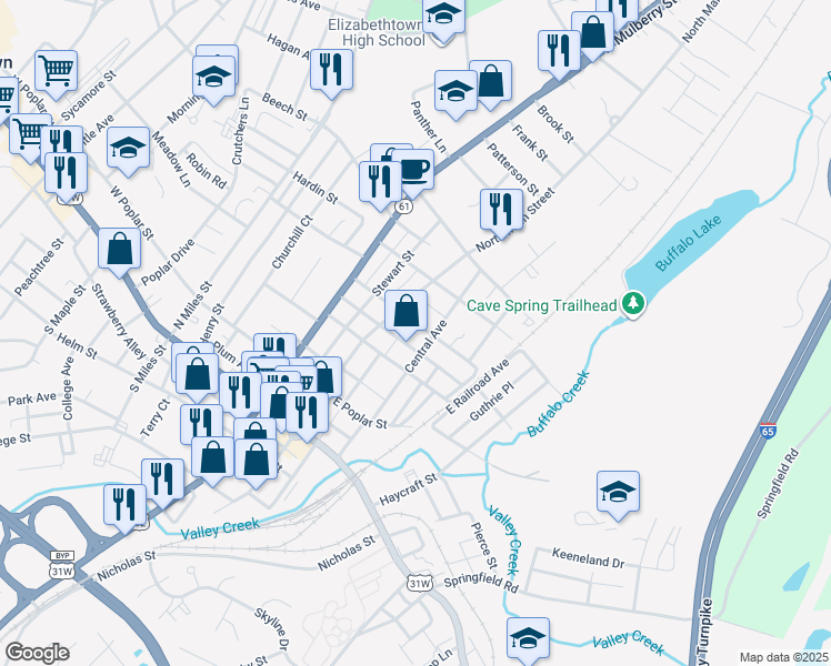map of restaurants, bars, coffee shops, grocery stores, and more near 313 N Main in Elizabethtown
