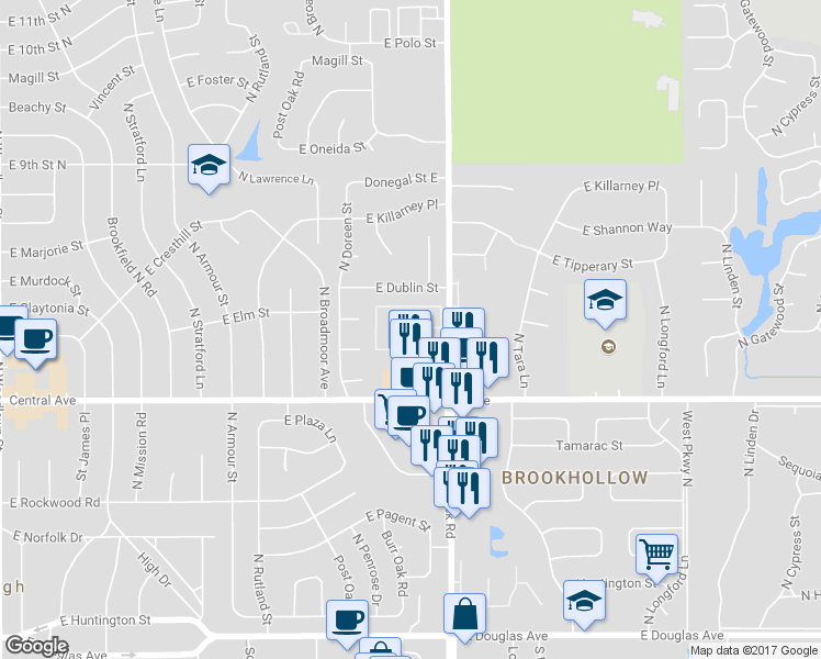 map of restaurants, bars, coffee shops, grocery stores, and more near 505 North Rock Road in Wichita