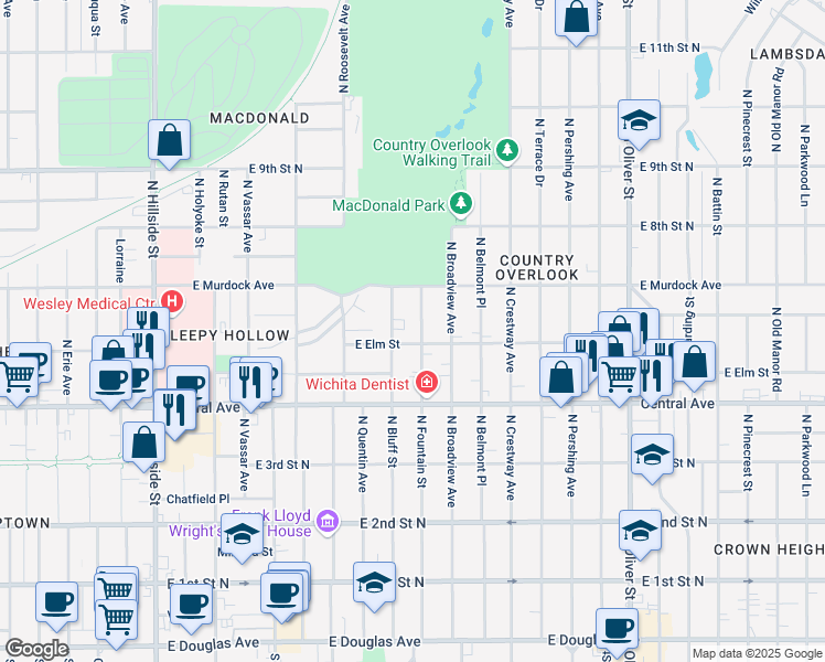 map of restaurants, bars, coffee shops, grocery stores, and more near 630 North Fountain Street in Wichita