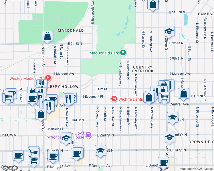 map of restaurants, bars, coffee shops, grocery stores, and more near 631 North Bluff Street in Wichita