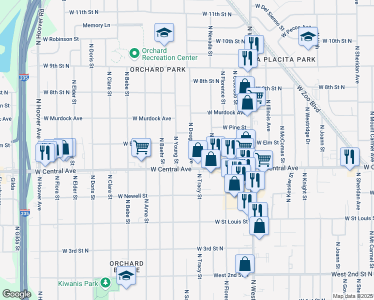 map of restaurants, bars, coffee shops, grocery stores, and more near 737 North Dougherty Avenue in Wichita