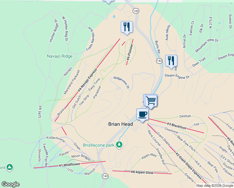 map of restaurants, bars, coffee shops, grocery stores, and more near 286 West Eagles Roost Street in Brian Head