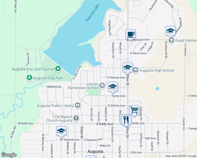 map of restaurants, bars, coffee shops, grocery stores, and more near 1924 Prairie Lane in Augusta