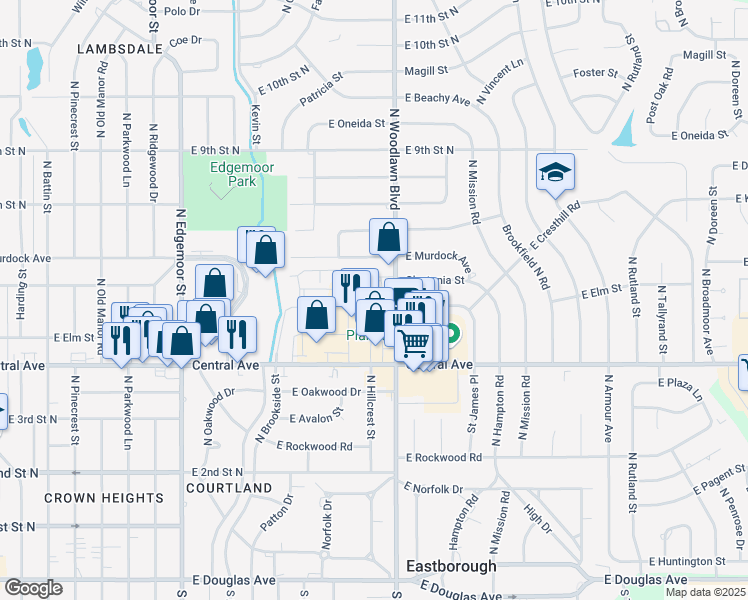 map of restaurants, bars, coffee shops, grocery stores, and more near 555 North Woodlawn Street in Wichita