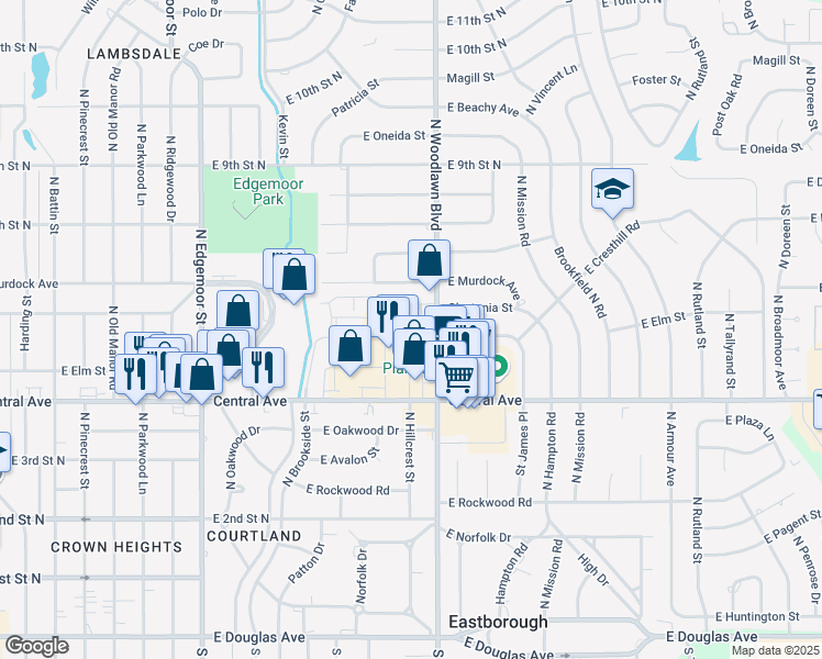 map of restaurants, bars, coffee shops, grocery stores, and more near 555 North Woodlawn Street in Wichita