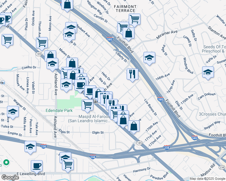 map of restaurants, bars, coffee shops, grocery stores, and more near 1500 164th Avenue in San Leandro
