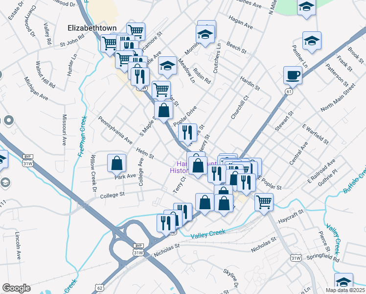 map of restaurants, bars, coffee shops, grocery stores, and more near U.S. 31W in Elizabethtown