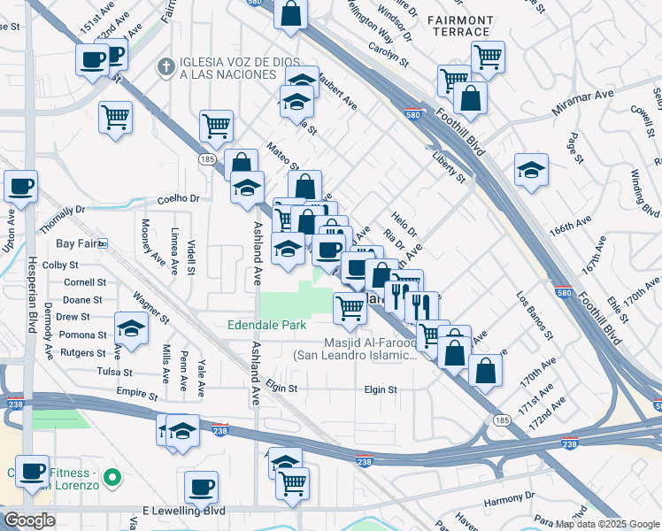 map of restaurants, bars, coffee shops, grocery stores, and more near East 14th Street & 163rd Avenue in San Leandro