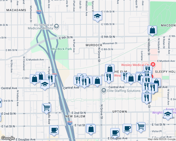 map of restaurants, bars, coffee shops, grocery stores, and more near 629 North Spruce Street in Wichita