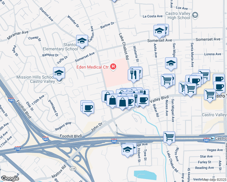 map of restaurants, bars, coffee shops, grocery stores, and more near 2543 Denning Court in Castro Valley