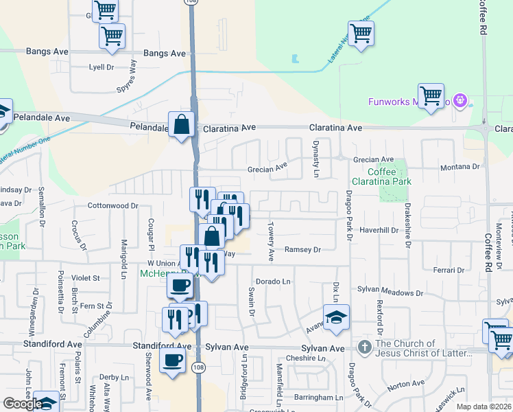 map of restaurants, bars, coffee shops, grocery stores, and more near 121 Ketch Lane in Modesto