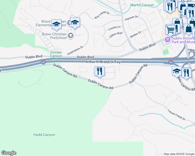 map of restaurants, bars, coffee shops, grocery stores, and more near 7855 Canyon Meadows Circle in Pleasanton