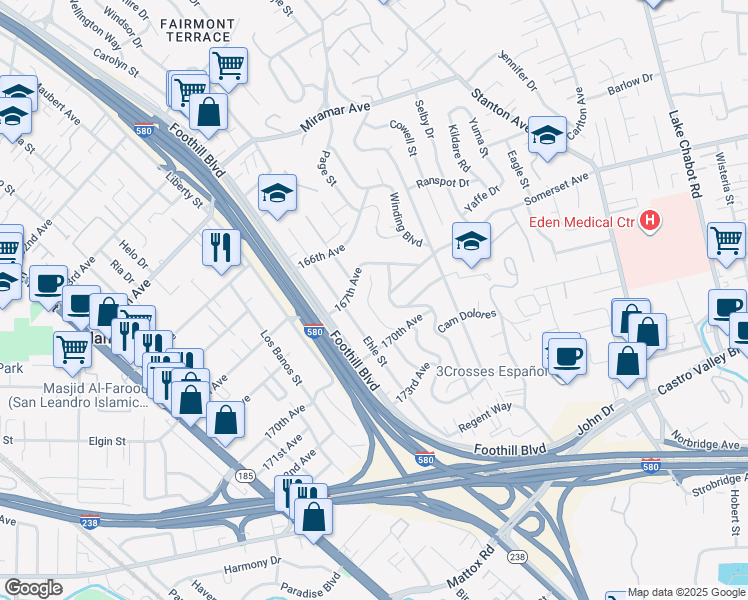 map of restaurants, bars, coffee shops, grocery stores, and more near 16860 Robey Drive in San Leandro