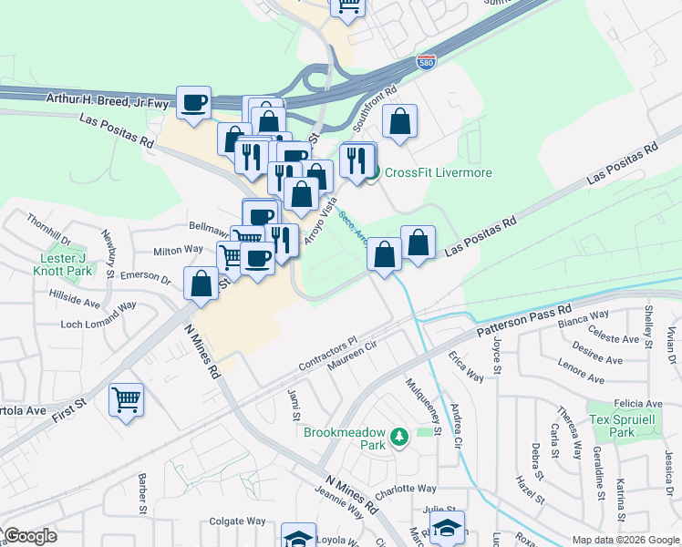 map of restaurants, bars, coffee shops, grocery stores, and more near 4536 Las Positas Rd in Livermore