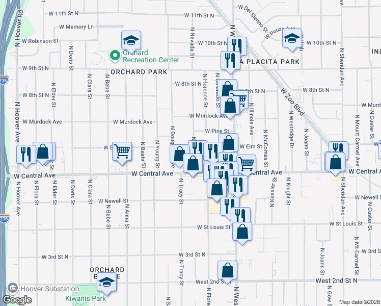 map of restaurants, bars, coffee shops, grocery stores, and more near 4405 West Elm Street in Wichita