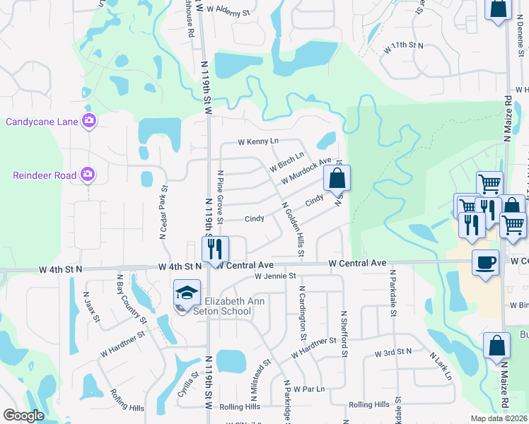 map of restaurants, bars, coffee shops, grocery stores, and more near 11607 Bekemeyer Street in Wichita
