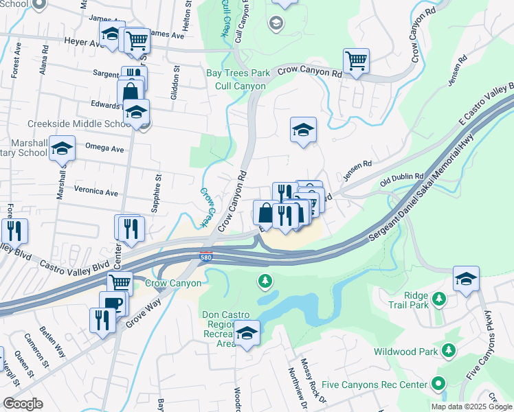 map of restaurants, bars, coffee shops, grocery stores, and more near 3594 Cama Lane in Castro Valley