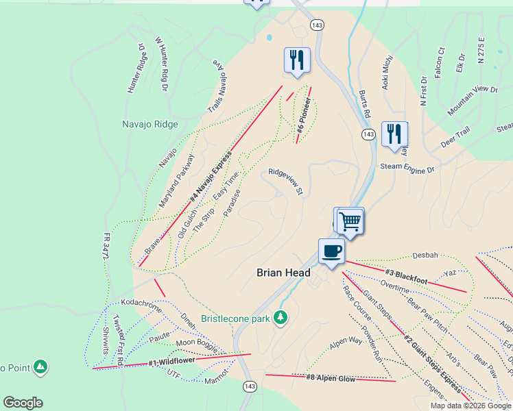 map of restaurants, bars, coffee shops, grocery stores, and more near 309 Ridgeview Street in Brian Head