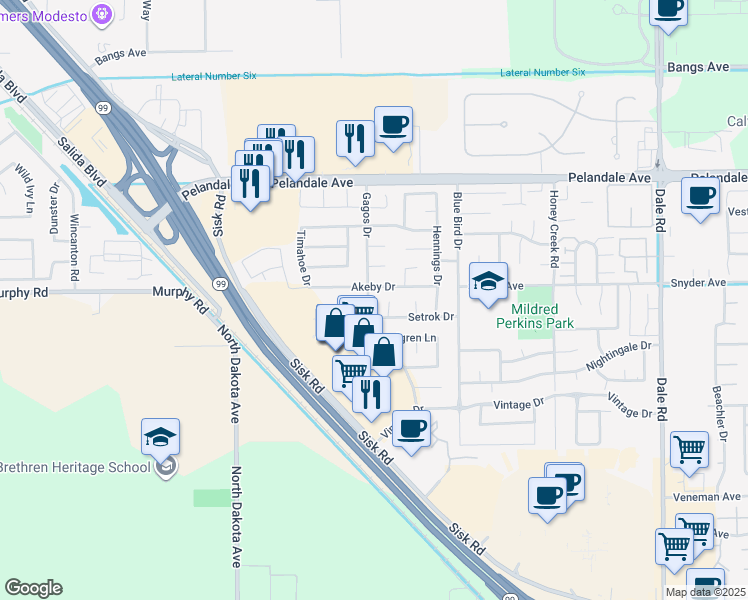 map of restaurants, bars, coffee shops, grocery stores, and more near 3912 Gagos Drive in Modesto