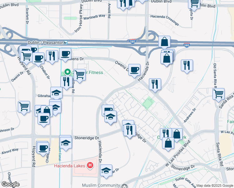 map of restaurants, bars, coffee shops, grocery stores, and more near 4251 Lucero Court in Pleasanton
