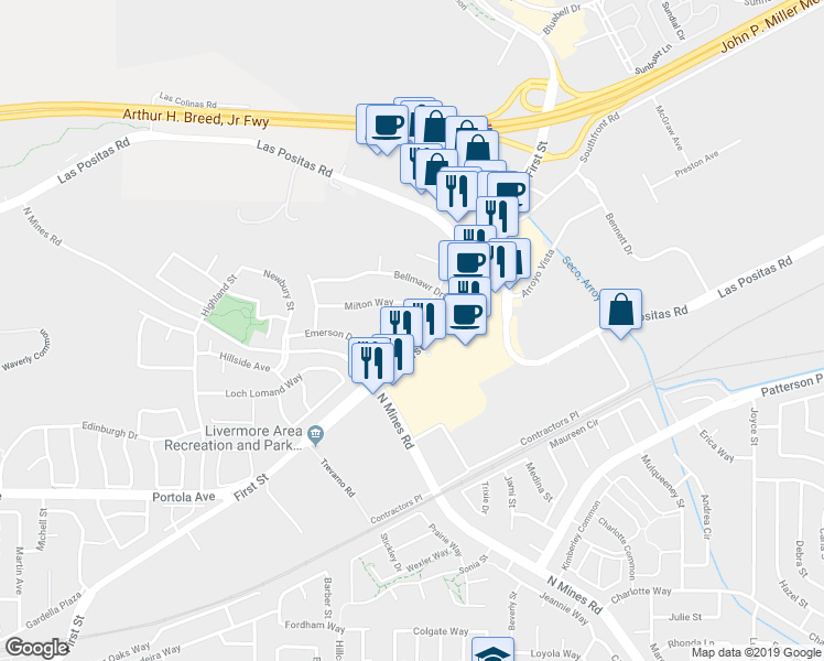 map of restaurants, bars, coffee shops, grocery stores, and more near 4260 First Street in Livermore