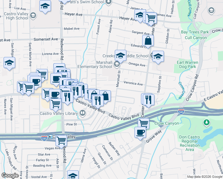 map of restaurants, bars, coffee shops, grocery stores, and more near 4051 Marshall Lane in Castro Valley