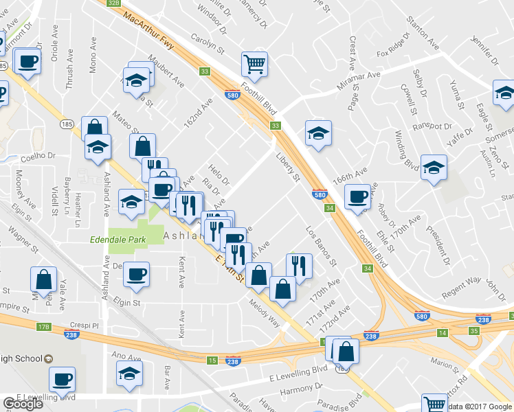 map of restaurants, bars, coffee shops, grocery stores, and more near 1575 165th Avenue in San Leandro