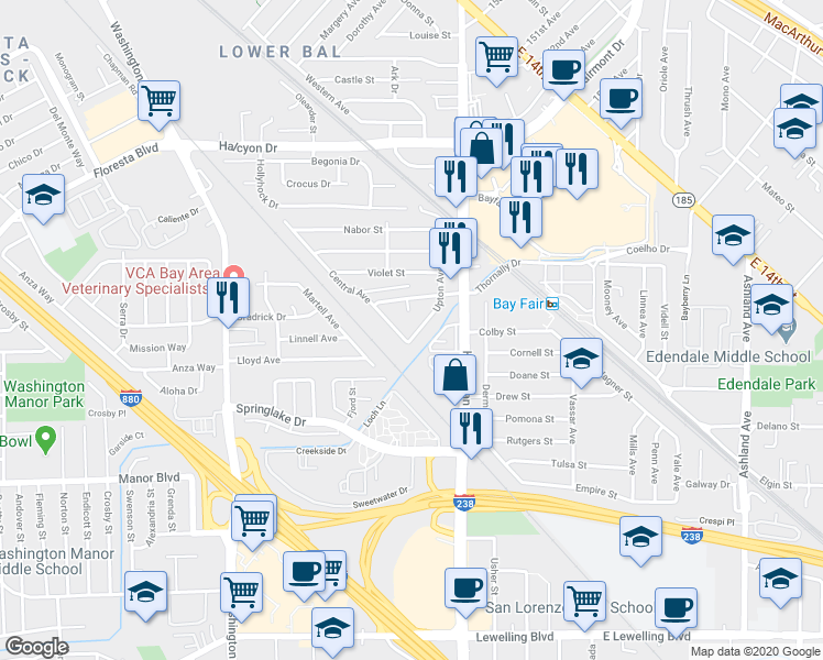 map of restaurants, bars, coffee shops, grocery stores, and more near 15277 Upton Avenue in San Leandro