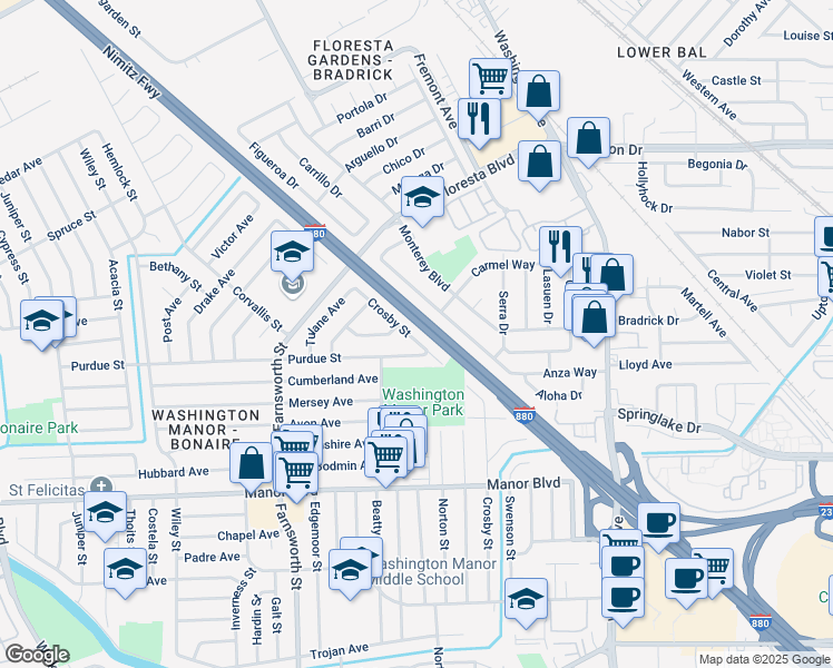 map of restaurants, bars, coffee shops, grocery stores, and more near 14832 Crosby Street in San Leandro