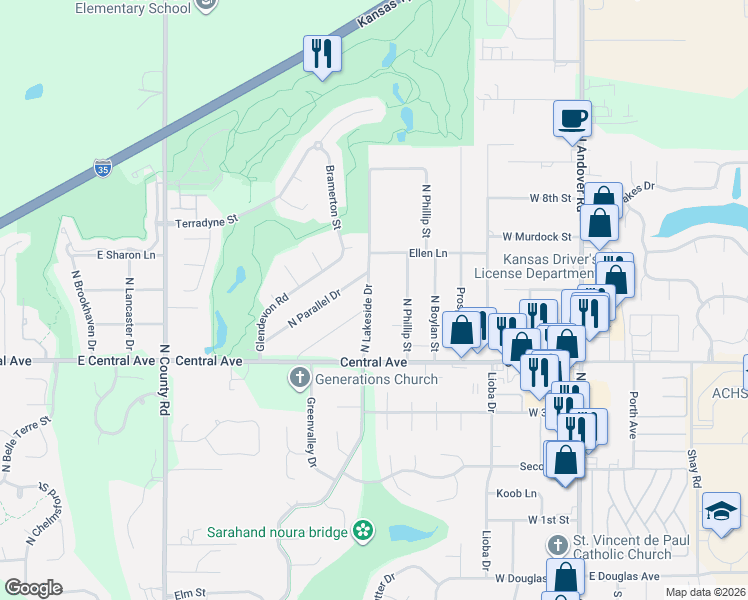 map of restaurants, bars, coffee shops, grocery stores, and more near 589-629 North Lakeside Drive in Andover