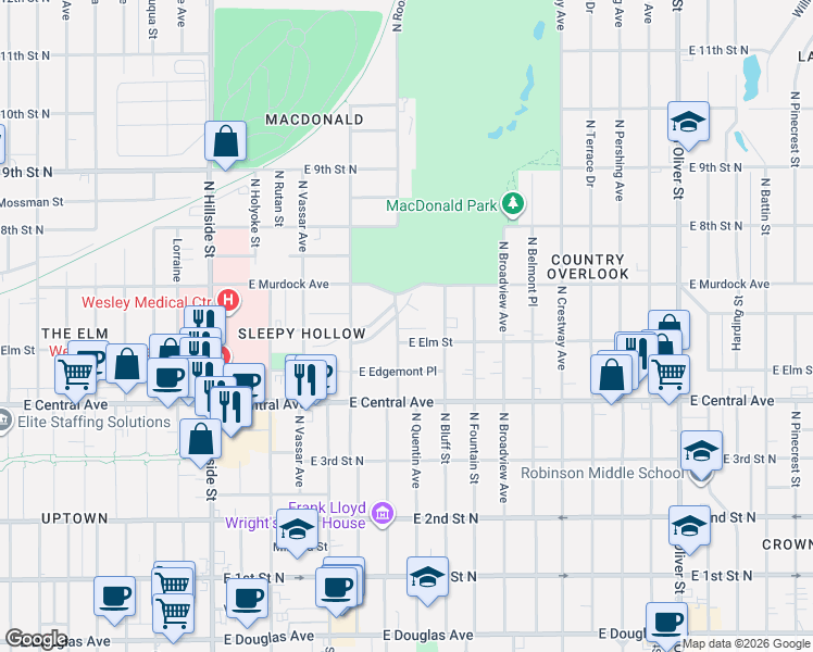 map of restaurants, bars, coffee shops, grocery stores, and more near 624 North Roosevelt Street in Wichita