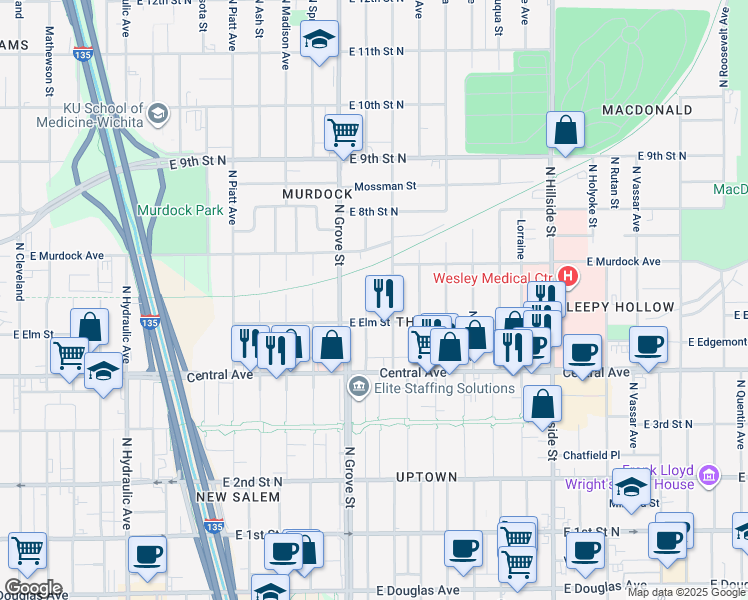 map of restaurants, bars, coffee shops, grocery stores, and more near 640 North Poplar Street in Wichita