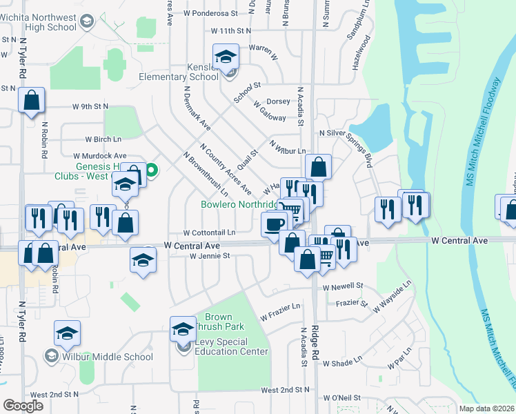 map of restaurants, bars, coffee shops, grocery stores, and more near 7421 Hale in Wichita