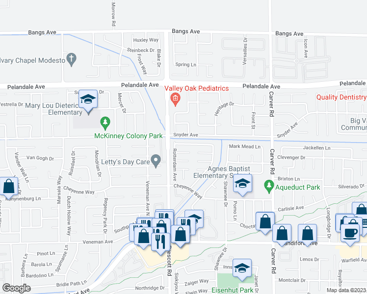 map of restaurants, bars, coffee shops, grocery stores, and more near 2020 Amsterdam Lane in Modesto