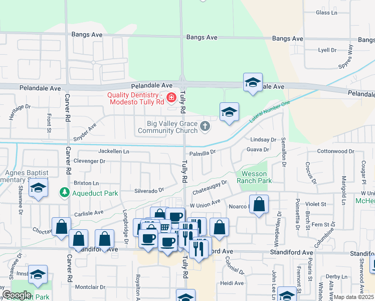 map of restaurants, bars, coffee shops, grocery stores, and more near 1213 Palmilla Drive in Modesto