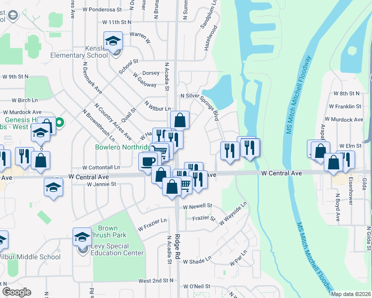 map of restaurants, bars, coffee shops, grocery stores, and more near 734 North Ridge Road in Wichita